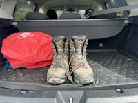 Tramping boots in car