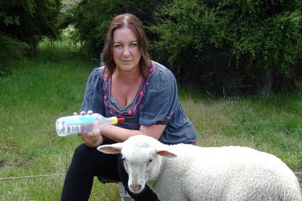 Jane Kellahan feeding her pet Lamb Lamb